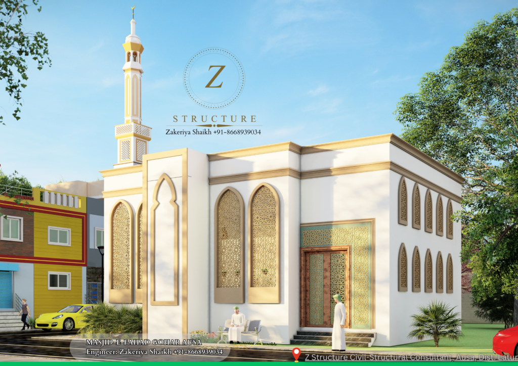 3D exterior design of Masjid-e-Fahad Gohar in Ausa, designed by Z Structure. Features a golden-accented entrance, minaret, and intricate Islamic patterns.